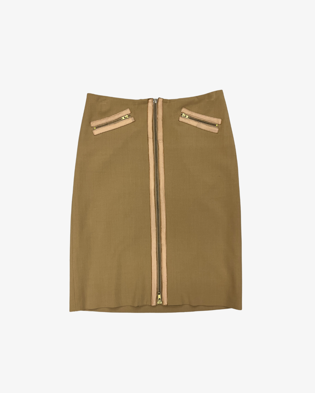 CAMEL FRONT ZIP LEATHER POCKET PENCIL SKIRT