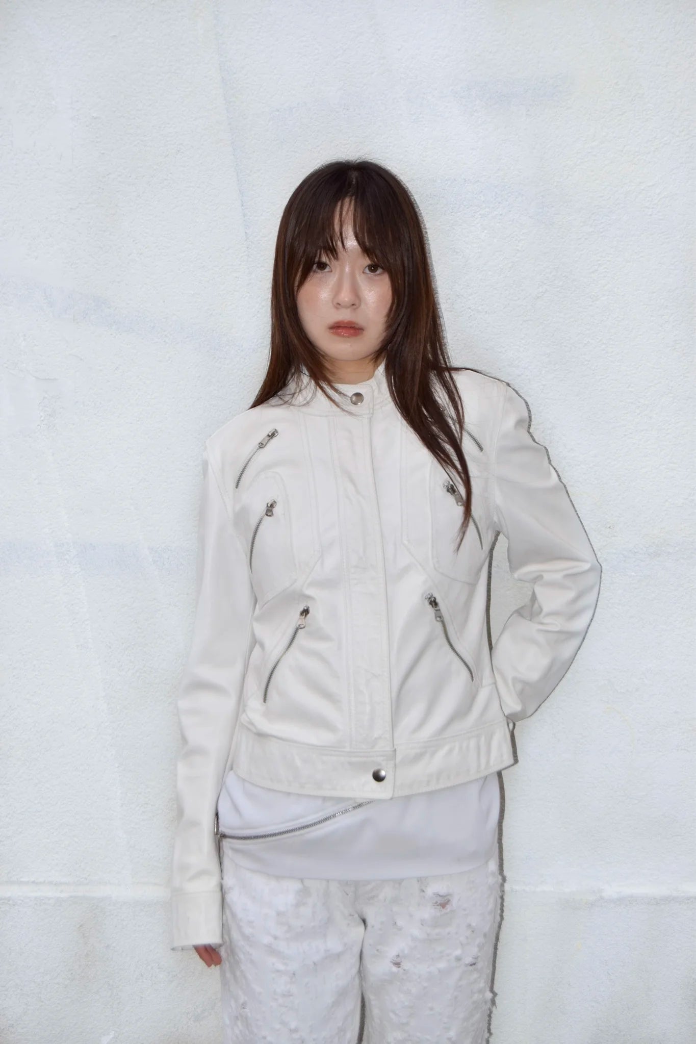 WHITE ZIPPERS LEATHER JACKET
