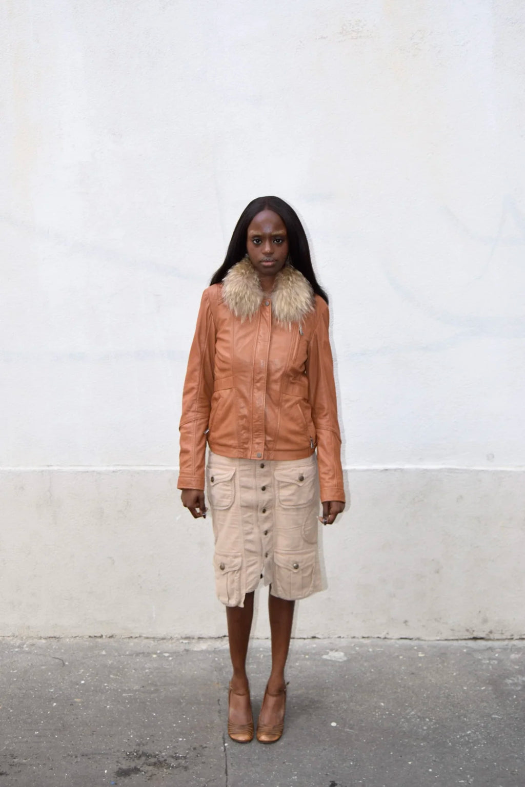 ORANGE FUR COLLAR LEATHER JACKET