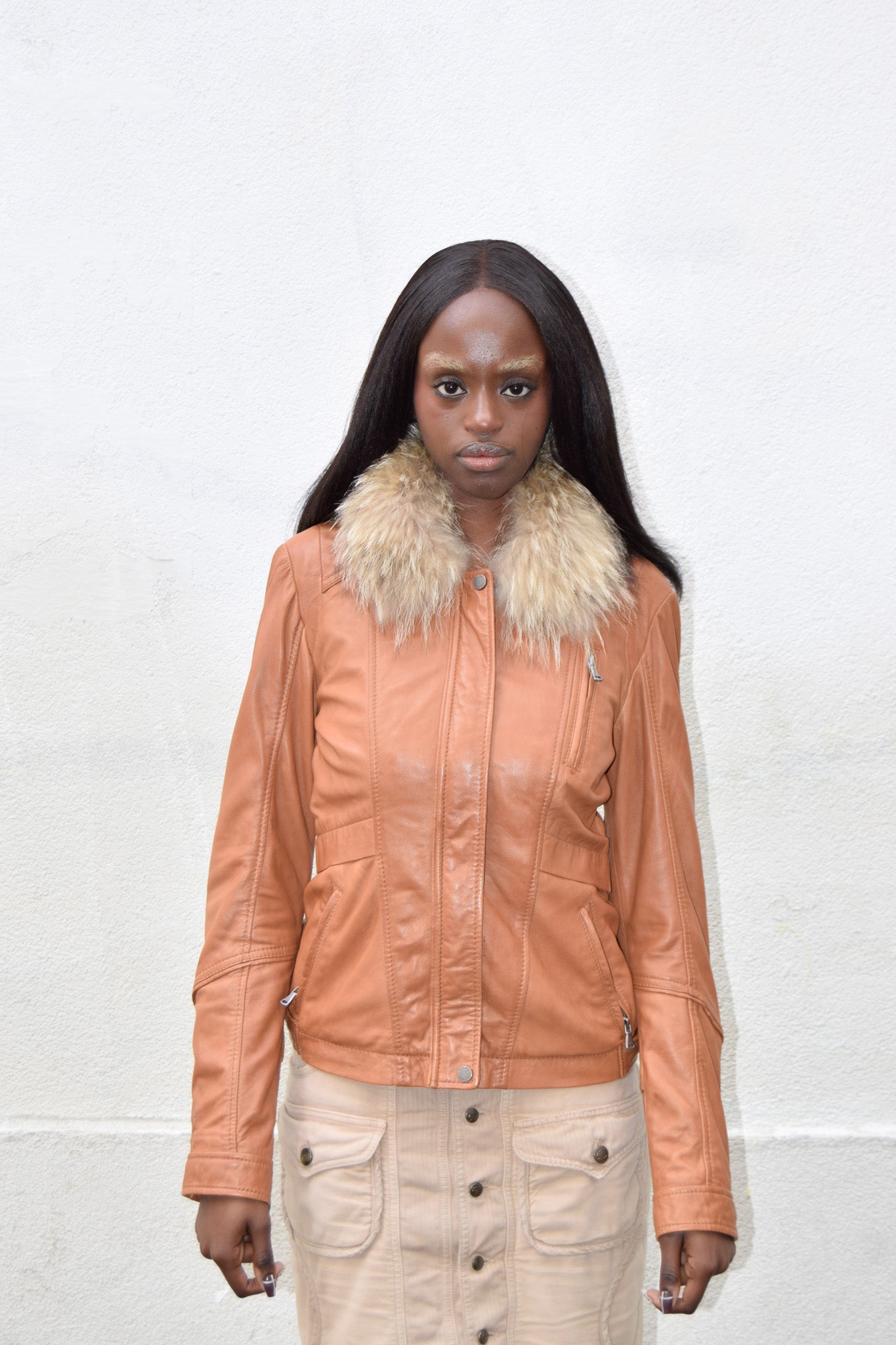 ORANGE FUR COLLAR LEATHER JACKET