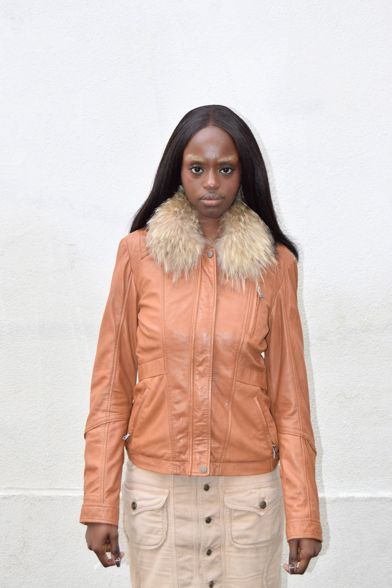 ORANGE FUR COLLAR LEATHER JACKET