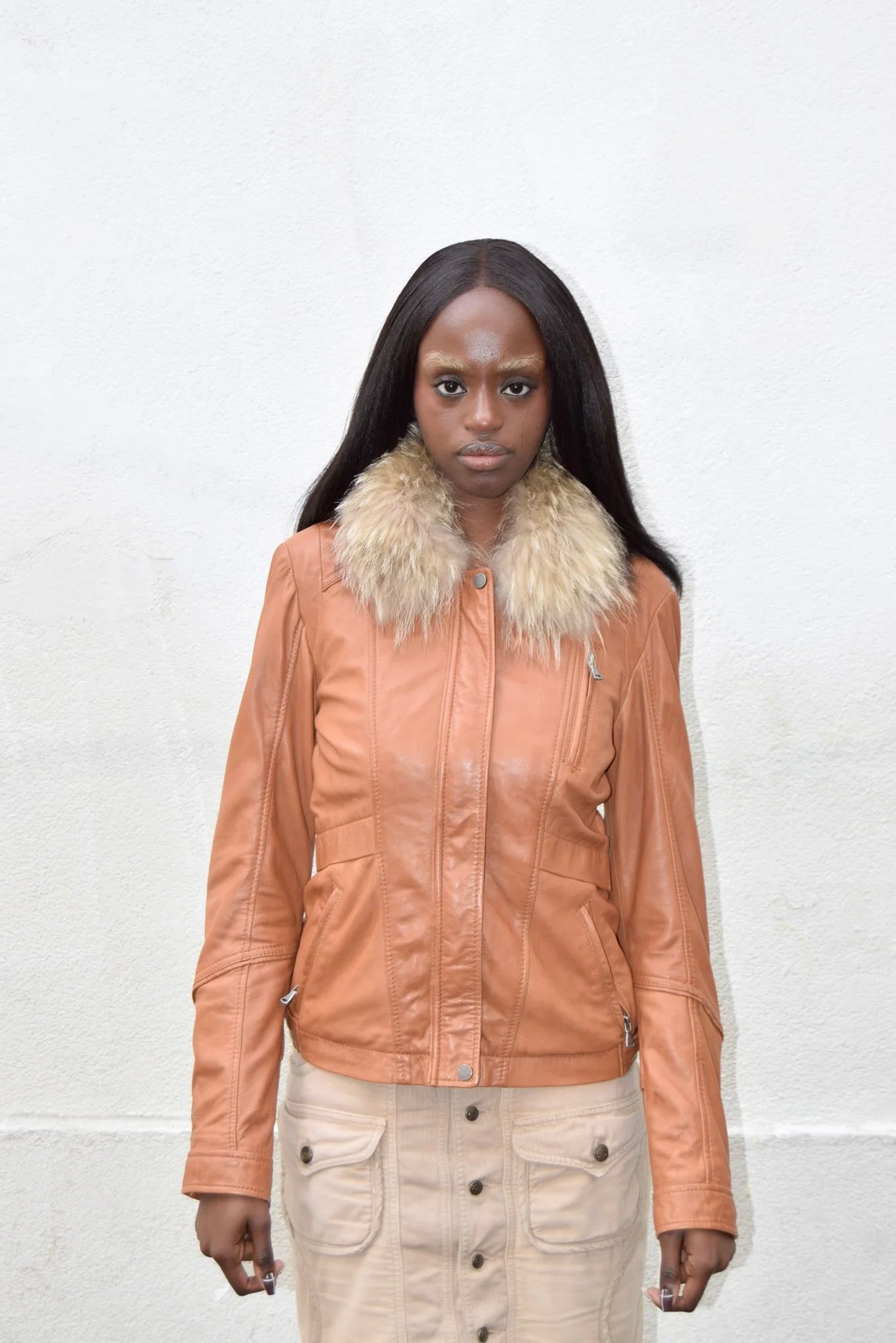 ORANGE FUR COLLAR LEATHER JACKET