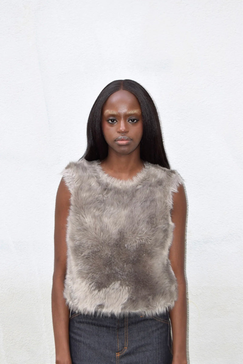 GREY SLEEVELESS TIE SWEATER