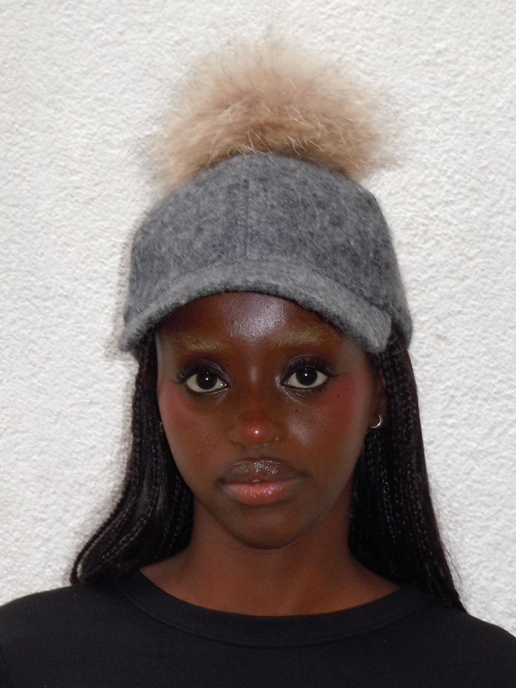 GREY WOOL FAUX FUR POMPOM CAP
