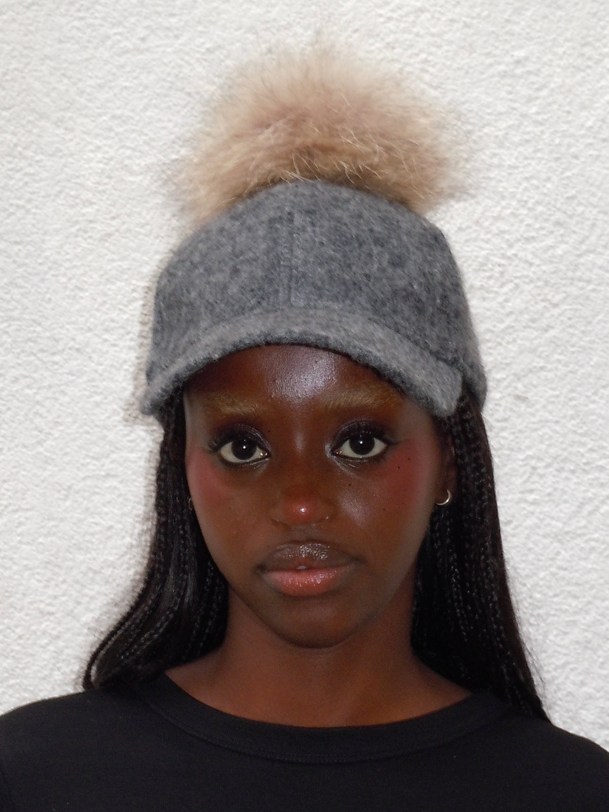GREY WOOL FAUX FUR POMPOM CAP