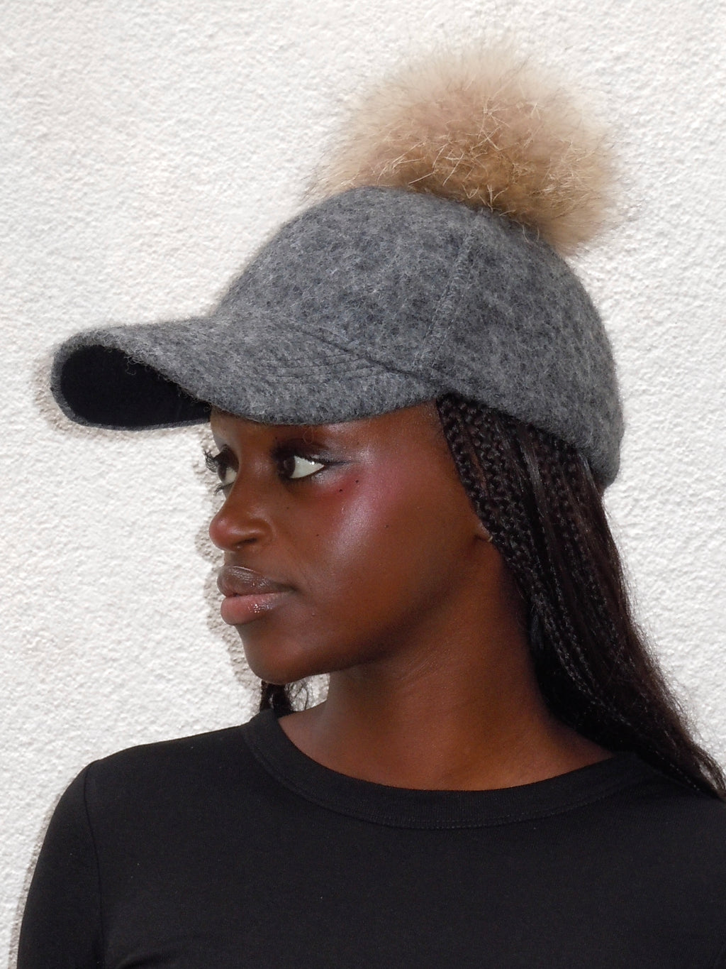 GREY WOOL FAUX FUR POMPOM CAP