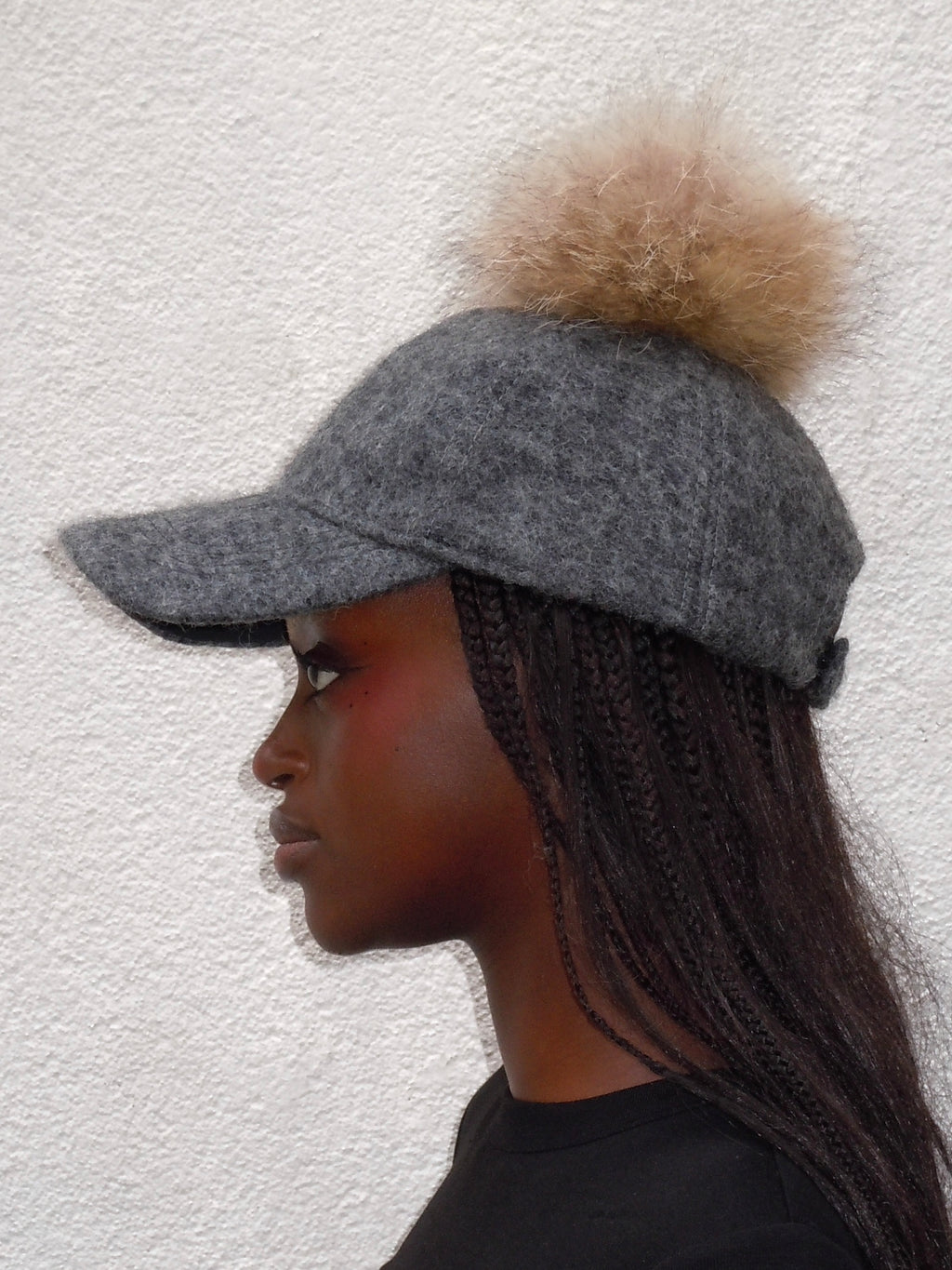 GREY WOOL FAUX FUR POMPOM CAP