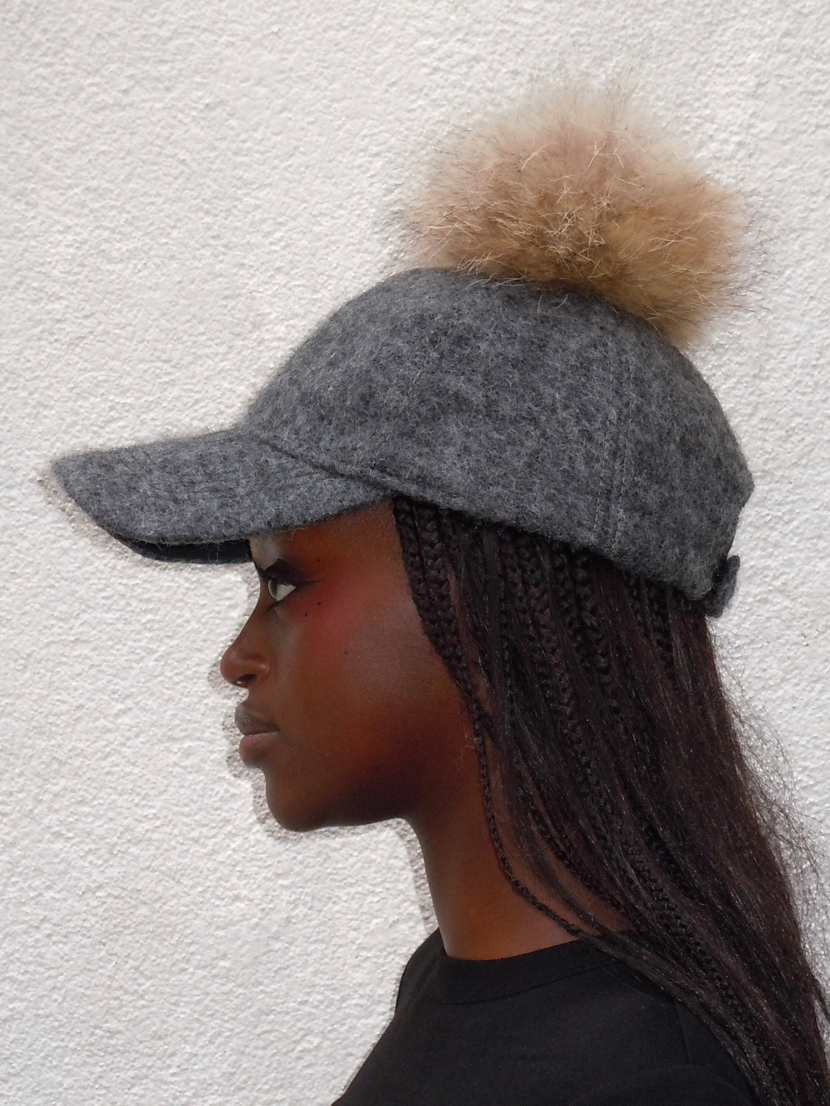GREY WOOL FAUX FUR POMPOM CAP