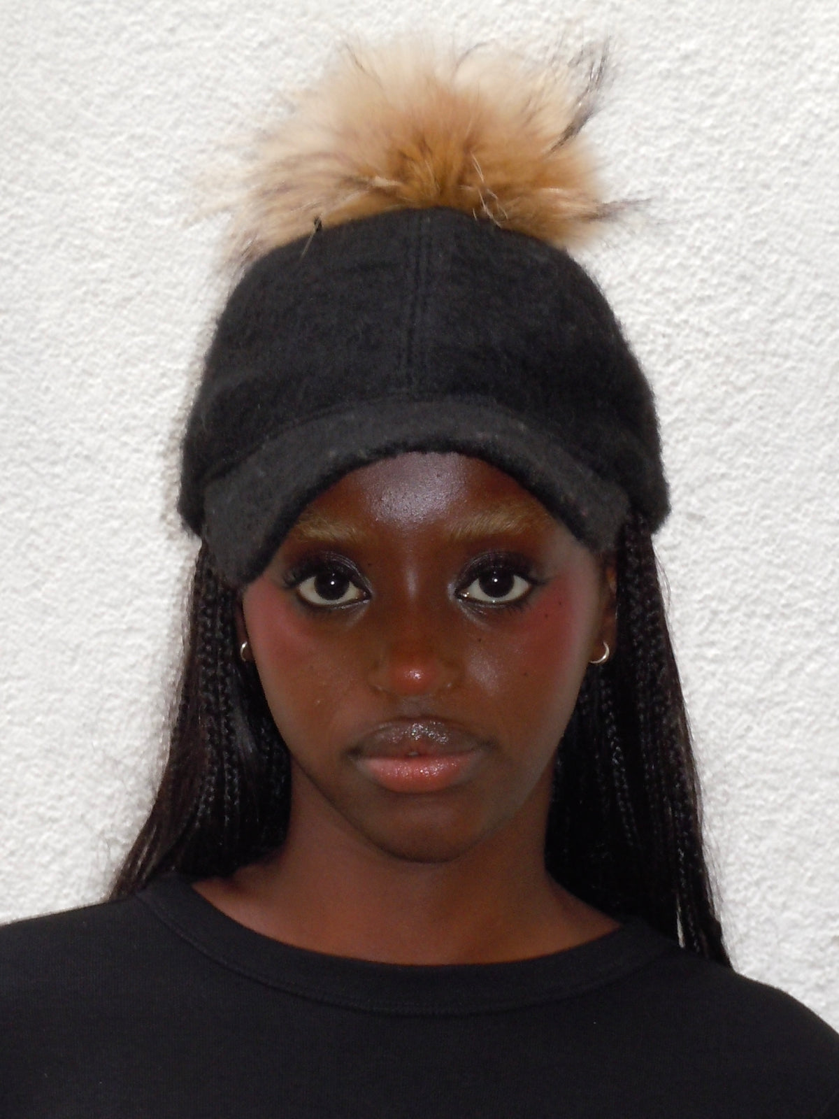BLACK WOOL FAUX FUR POMPOM CAP