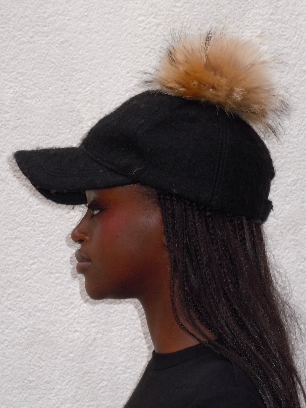 BLACK WOOL FAUX FUR POMPOM CAP