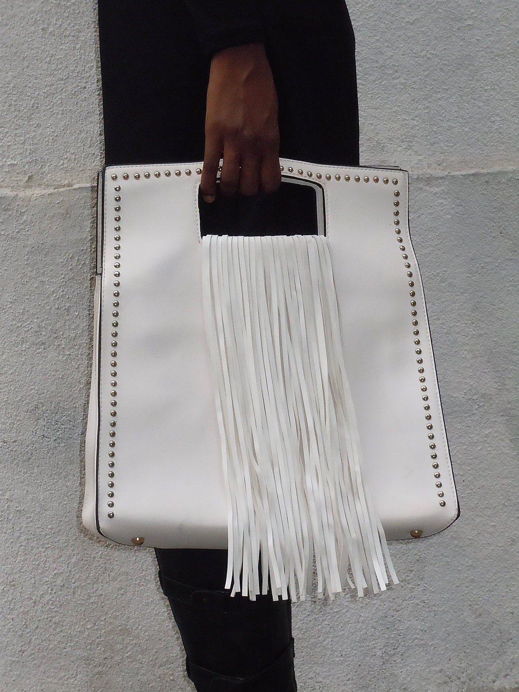 WHITE FRINGES STUDDED RECTANGULAR BAG