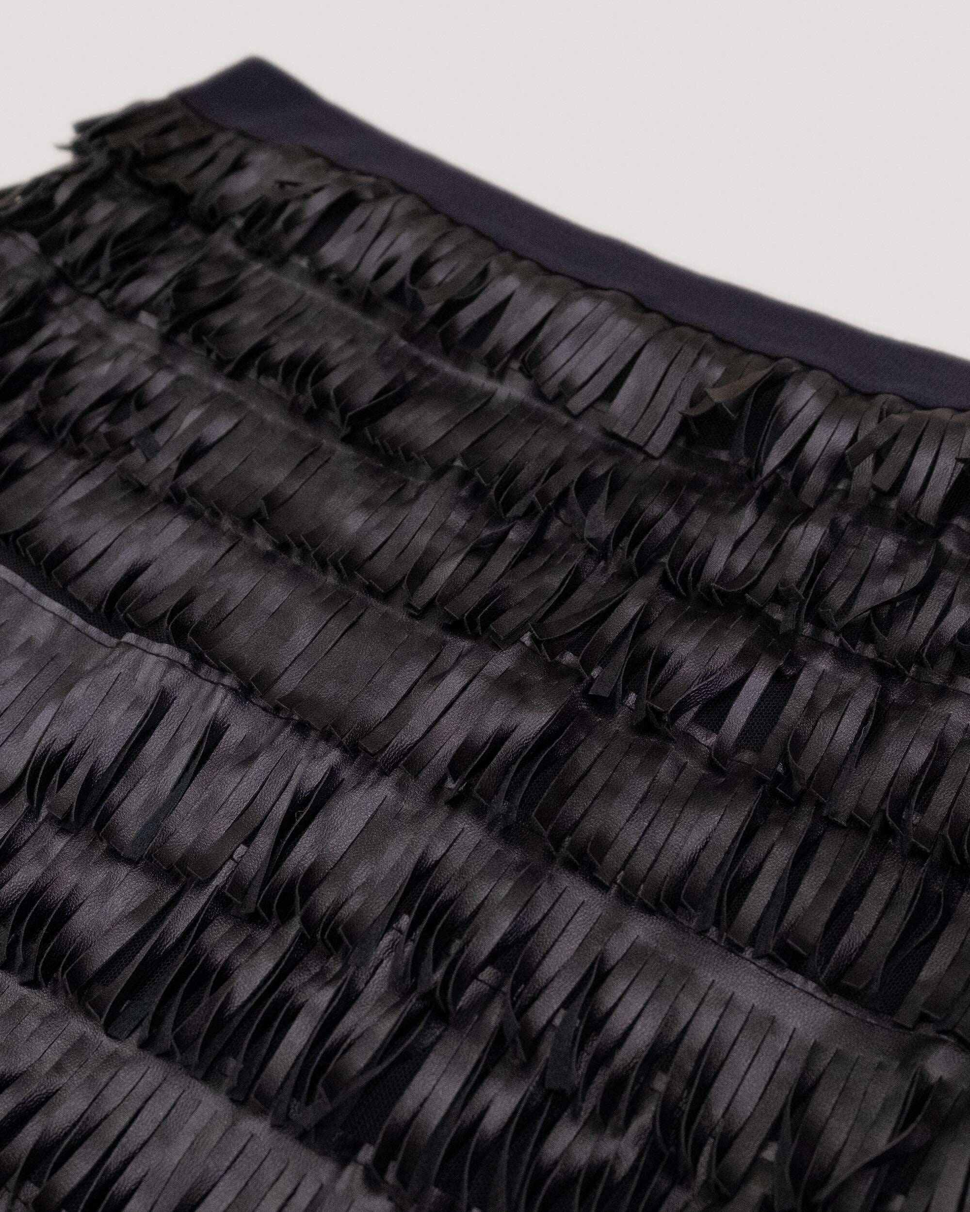 BLACK FAUX-LEATHER FRINGE MIDI SKIRT