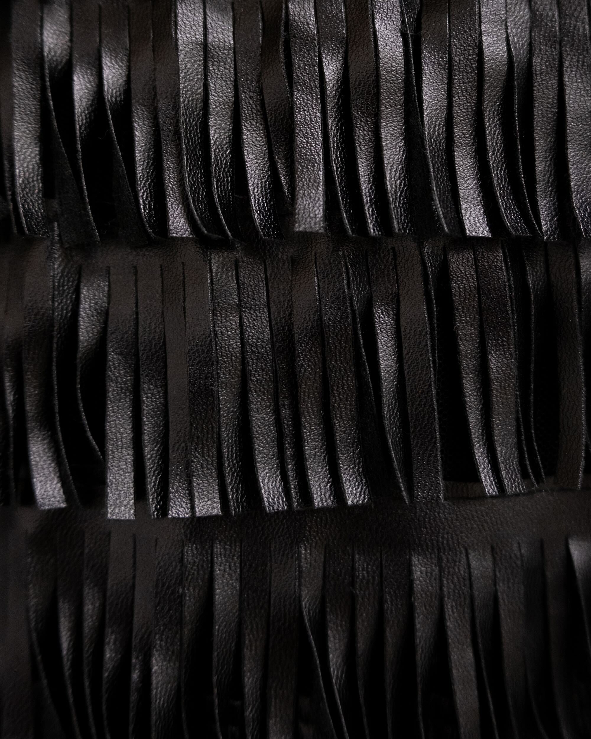 BLACK FAUX-LEATHER FRINGE MIDI SKIRT