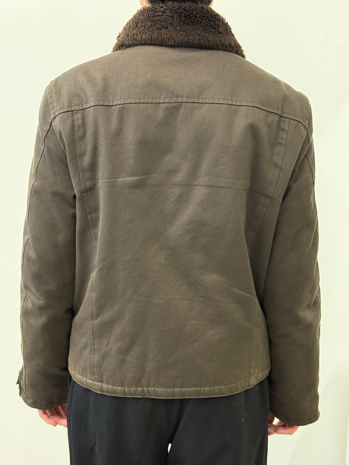 BROWN ASYMMETRIC ZIP SHEARLING COLLAR JACKET