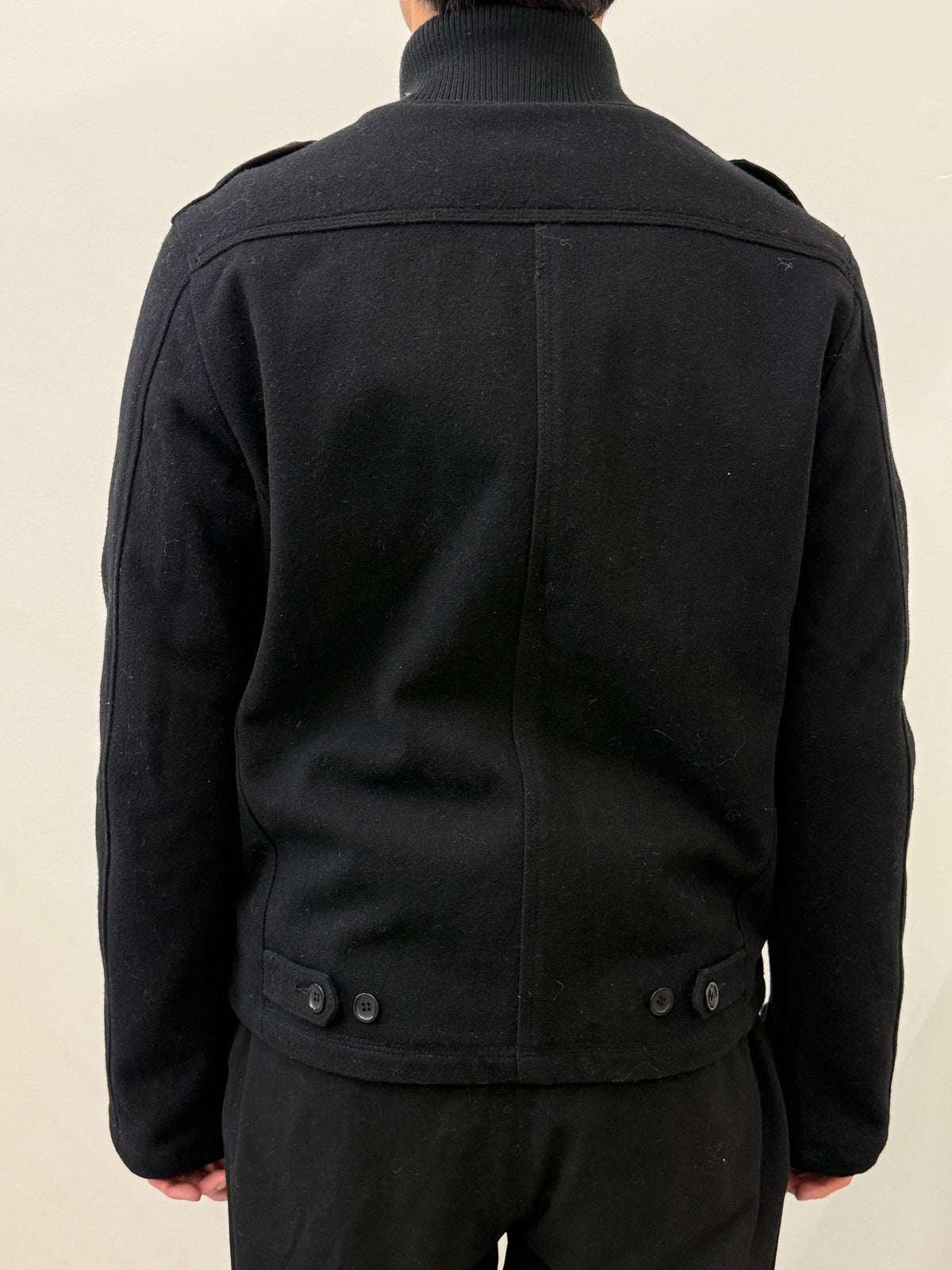 BLACK WOOL ZIPPERD POCKETS JACKET