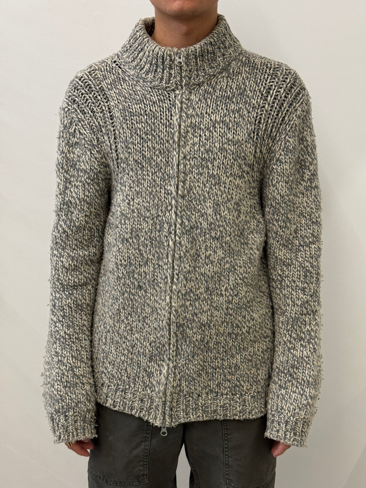 GREY AND CREAM KNITTED DOUBLE ZIP SWEATER