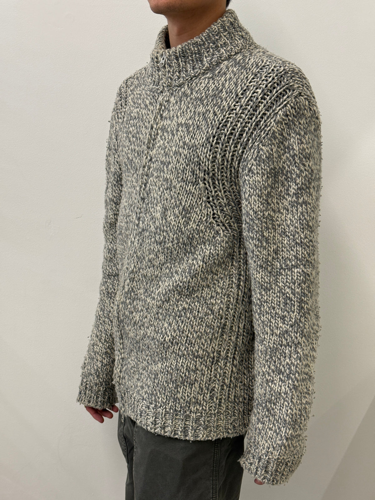 GREY AND CREAM KNITTED DOUBLE ZIP SWEATER