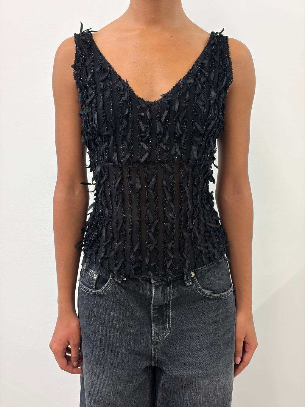 BLACK SHINY FRINGES TOP