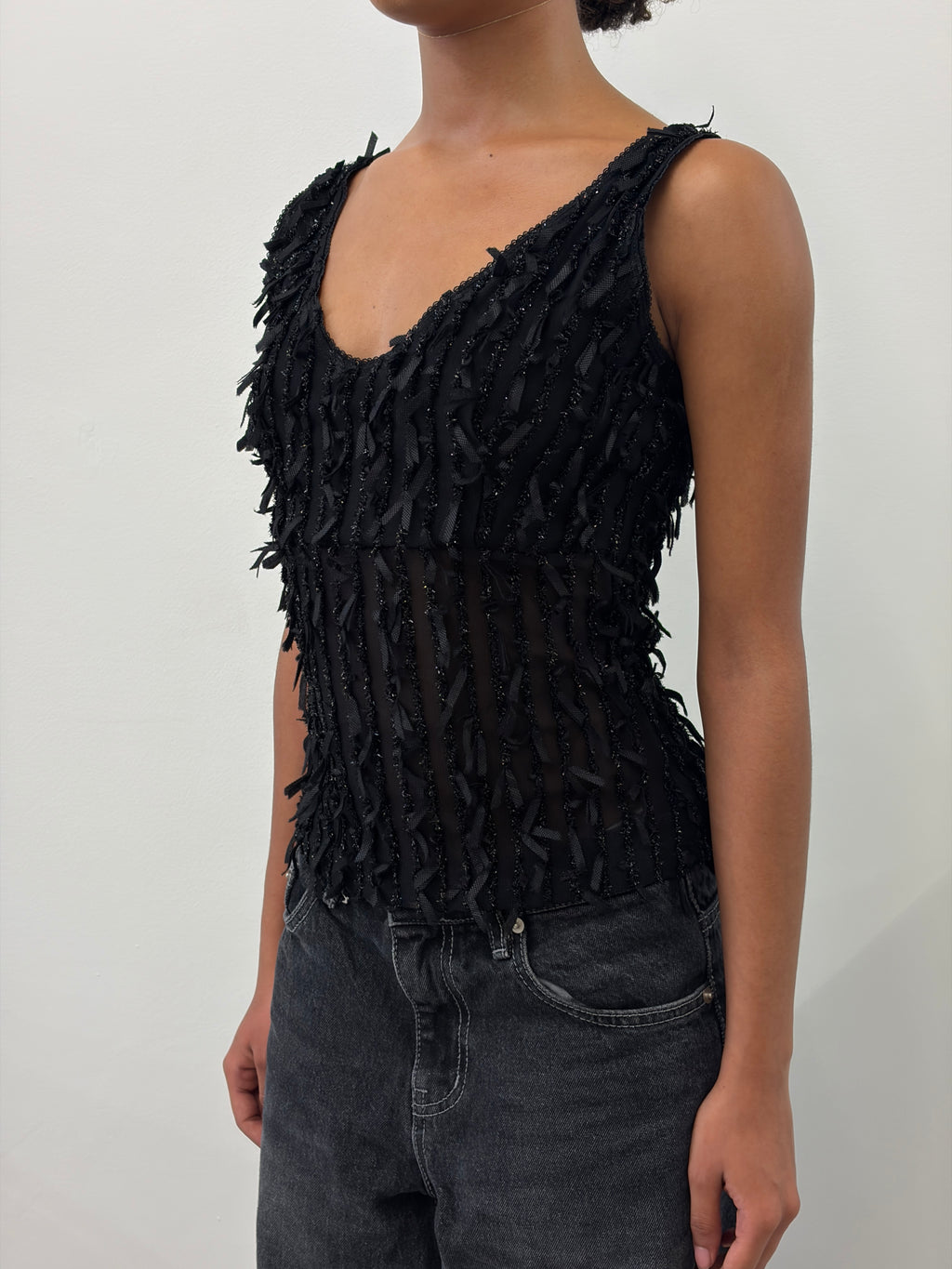 BLACK SHINY FRINGES TOP