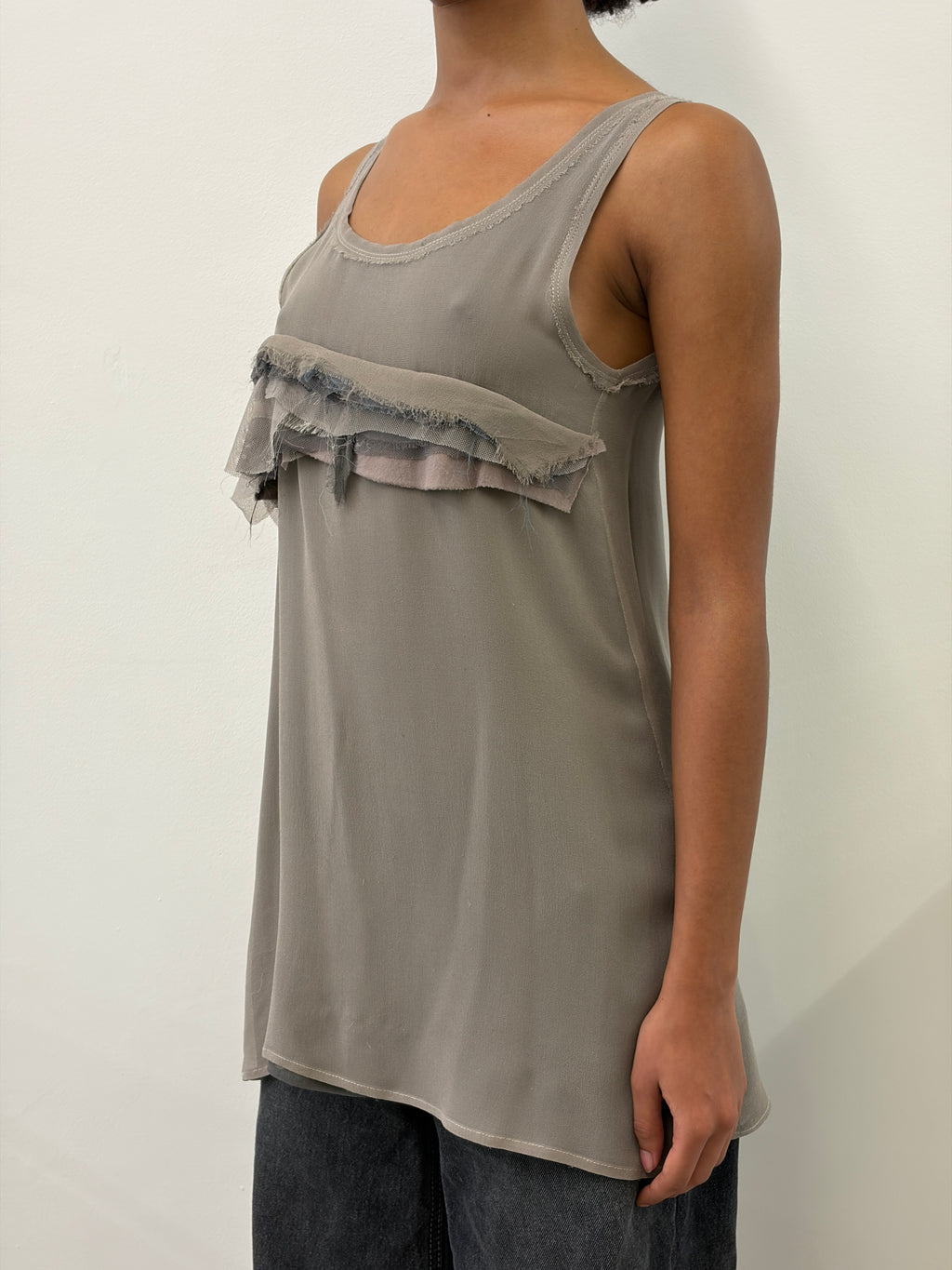 TAUPE RUFFLES DETAILS TOP