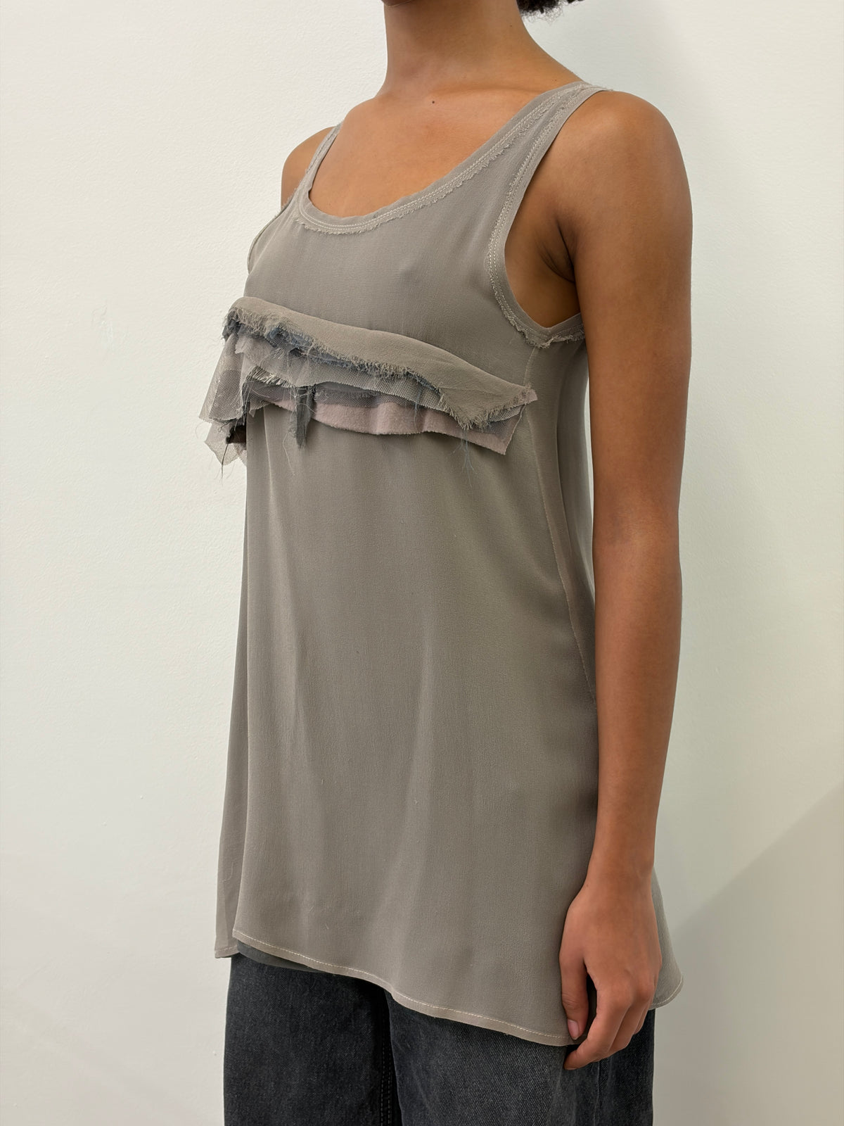 TAUPE RUFFLES DETAILS TOP