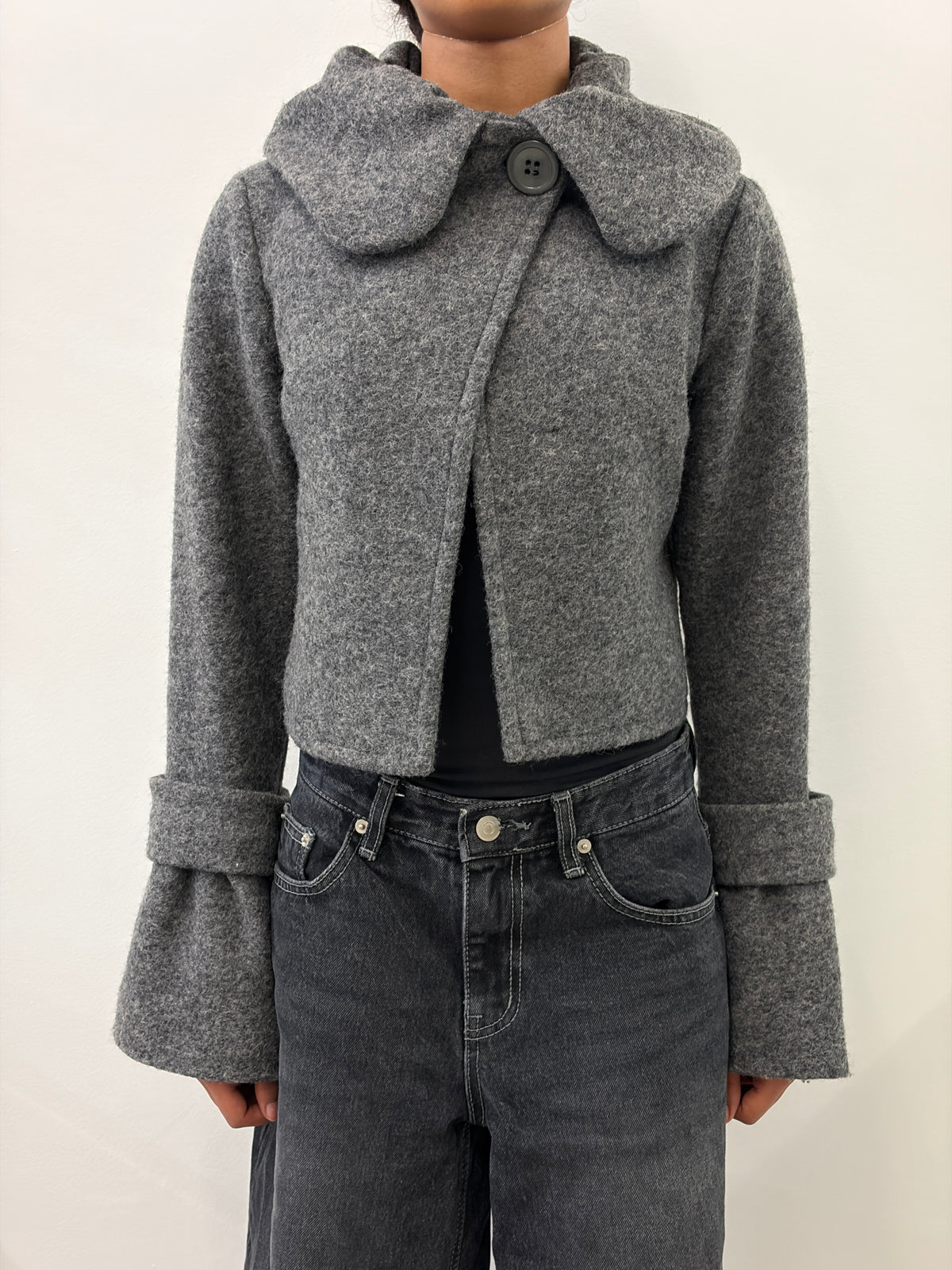 GREY WIDE COLLAR BELL SLEEVE WOOL JACKET