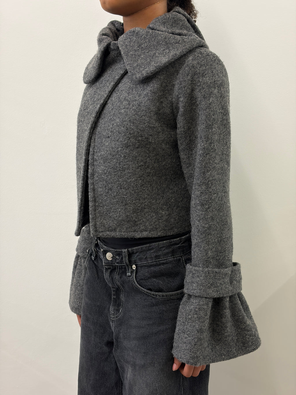 GREY WIDE COLLAR BELL SLEEVE WOOL JACKET