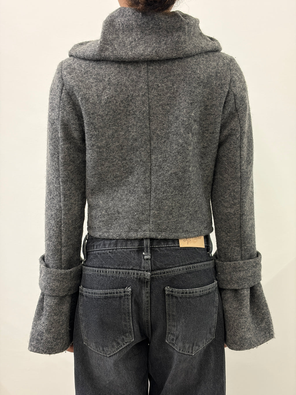 GREY WIDE COLLAR BELL SLEEVE WOOL JACKET