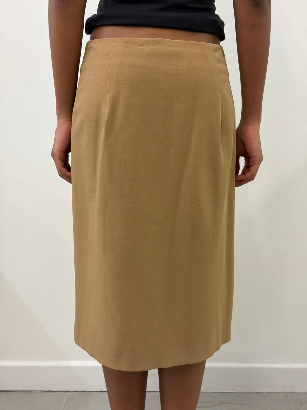 CAMEL FRONT ZIP LEATHER POCKET PENCIL SKIRT