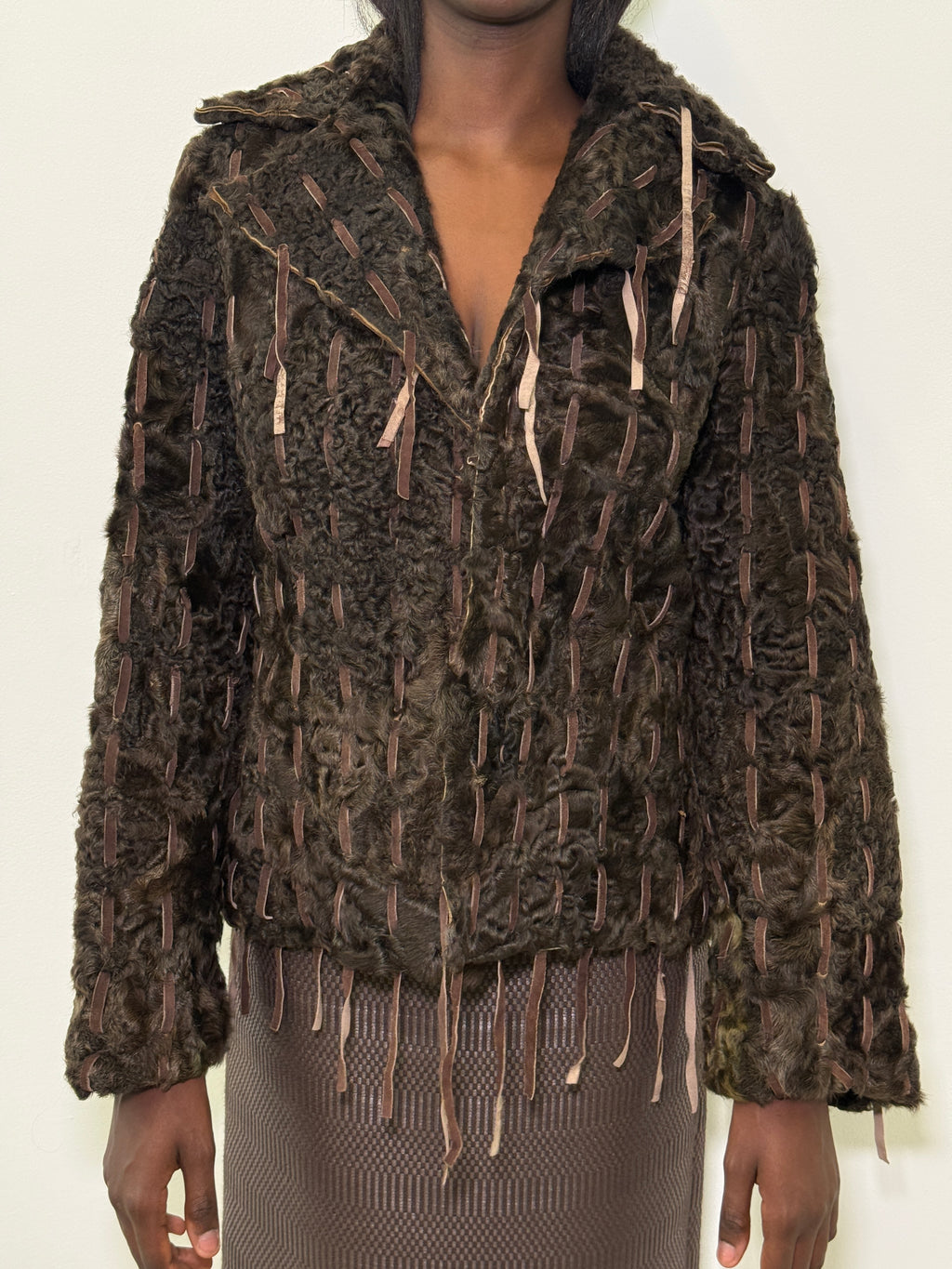 BROWN FUR LEATHER FRINGES JACKET