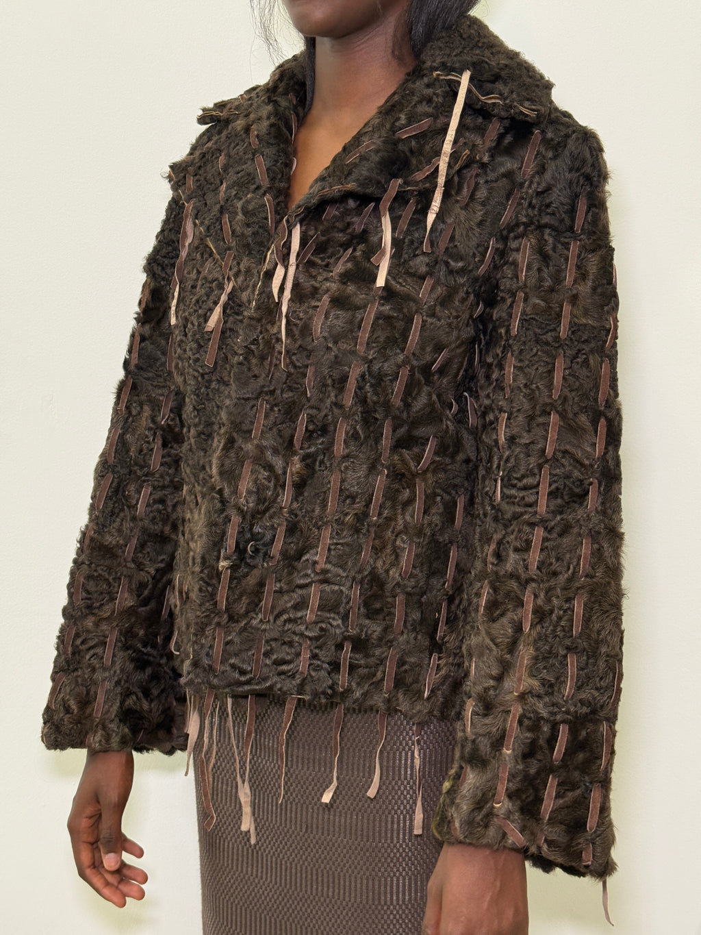BROWN FUR LEATHER FRINGES JACKET