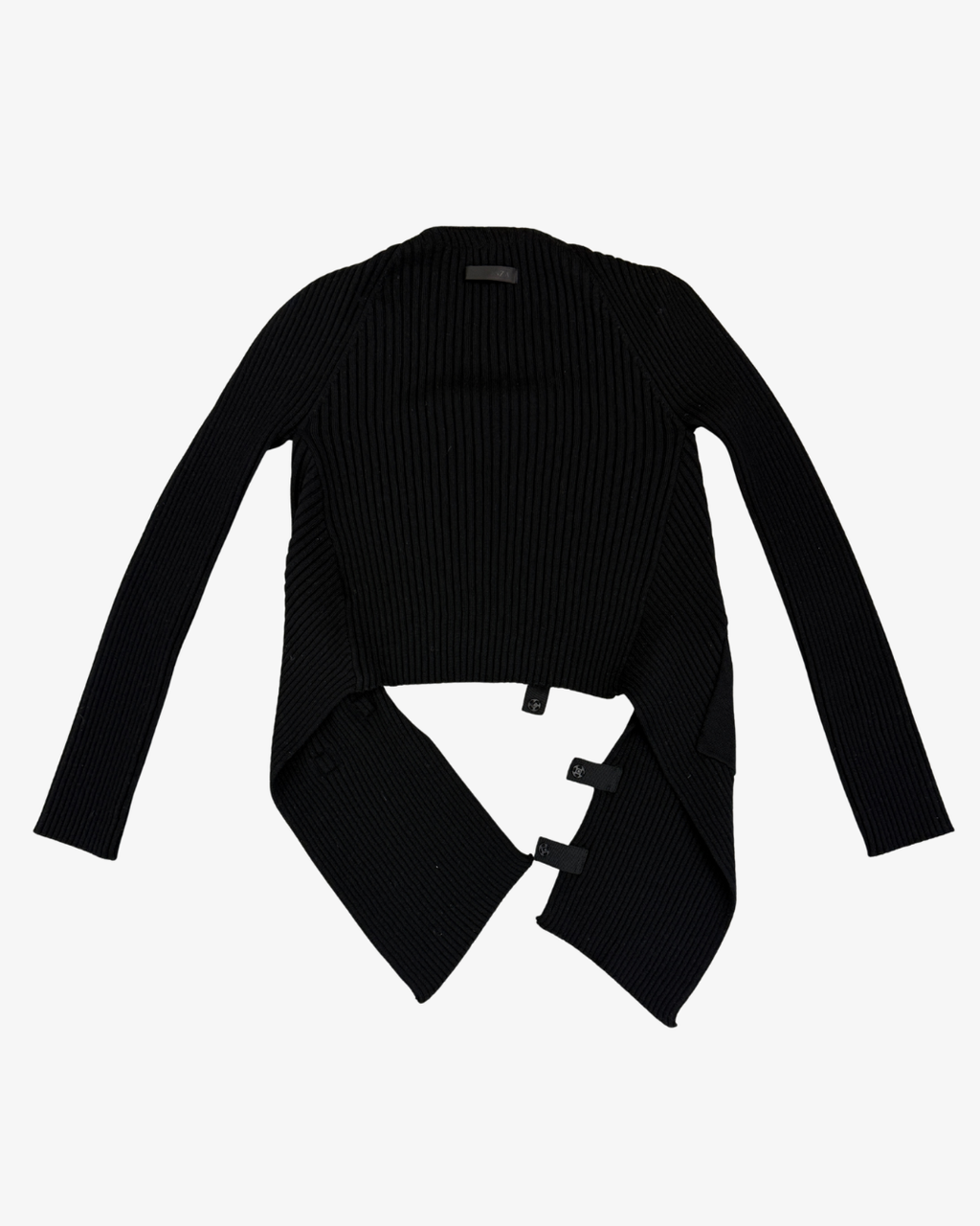 BLACK WOOL ASYMMETRICAL FASTENING CARDIGAN