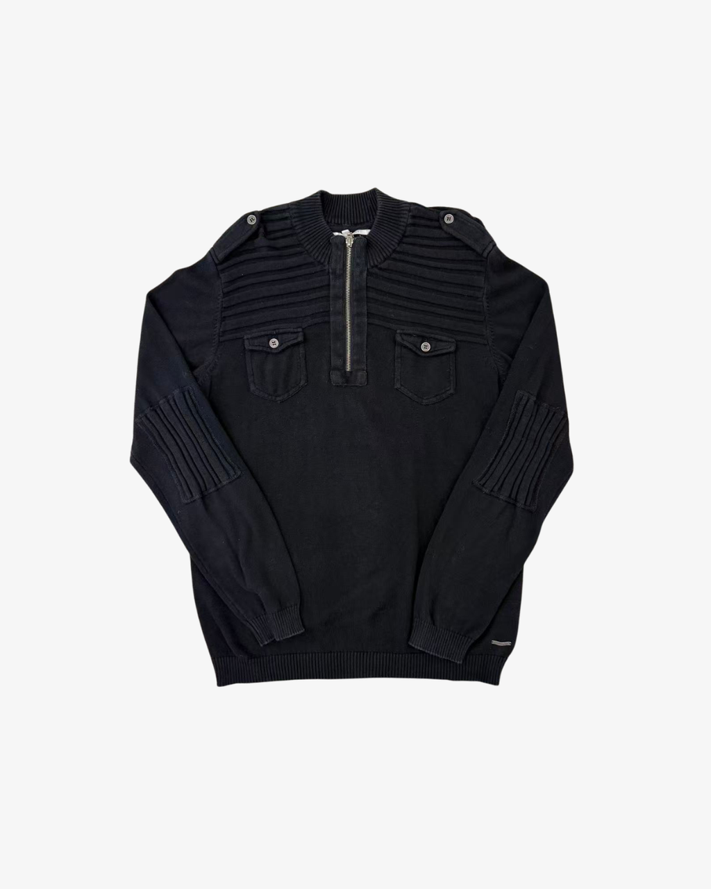BLACK QUATER-ZIP RIBBED POCKETS SWEAT