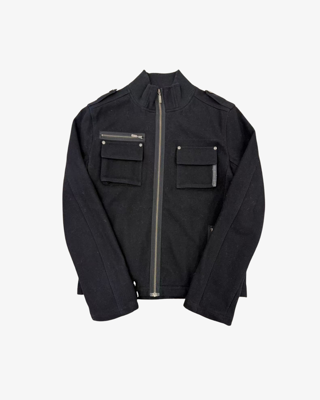 BLACK WOOL ZIPPERD POCKETS JACKET