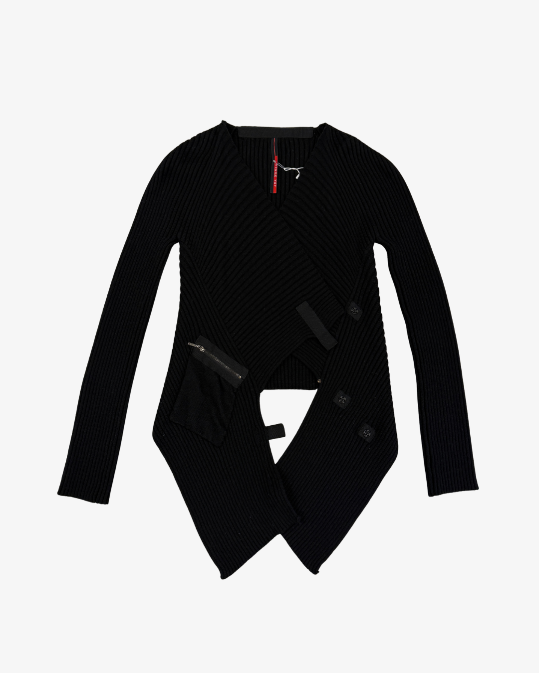 BLACK WOOL ASYMMETRICAL FASTENING CARDIGAN