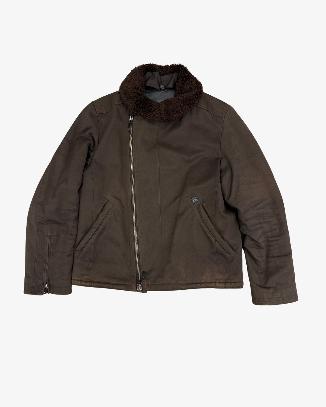 BROWN ASYMMETRIC ZIP SHEARLING COLLAR JACKET