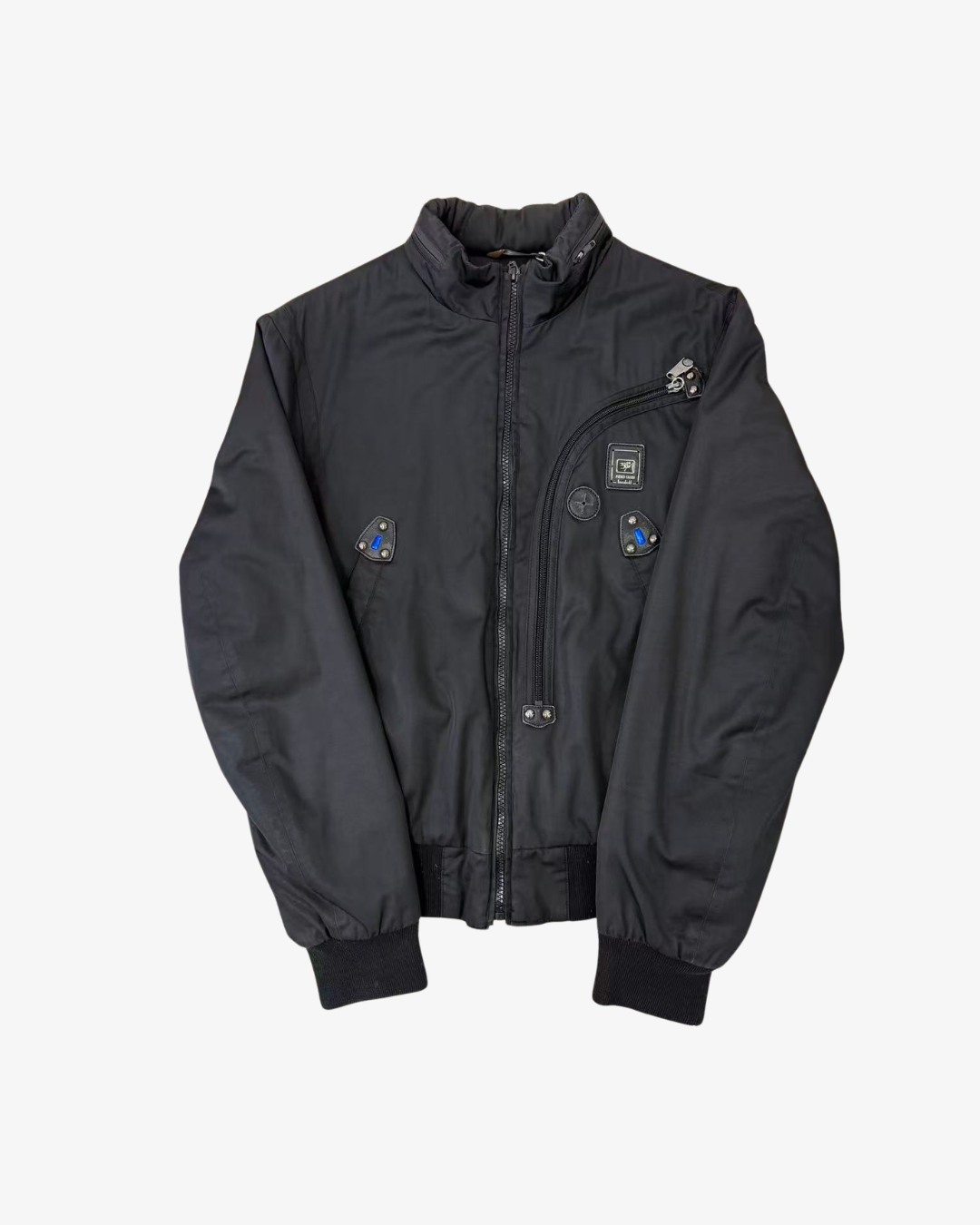 BLACK CROPPED ZIP-UP BLUE DETAIL NYLON JACKET
